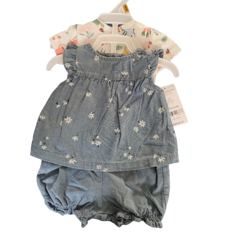 Carters infant Girls Denim Blue All-over Floral Print top, Shorts, Onesie